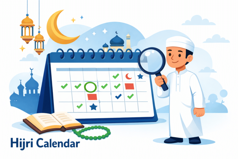 Hijri calendar illustration with Muslim man checking Islamic dates, crescent moon and mosque background – Islamic calendar guide
