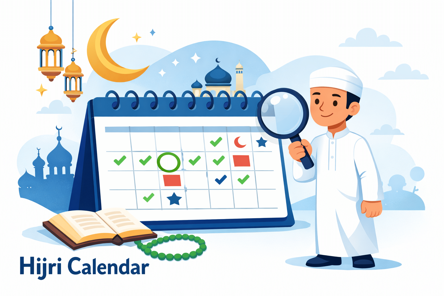 Hijri calendar illustration with Muslim man checking Islamic dates, crescent moon and mosque background – Islamic calendar guide