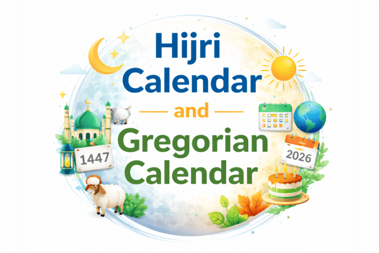 Infographic of Hijri 1447 and Gregorian 2026 calendars in a moon-shaped design with Islamic and global icons