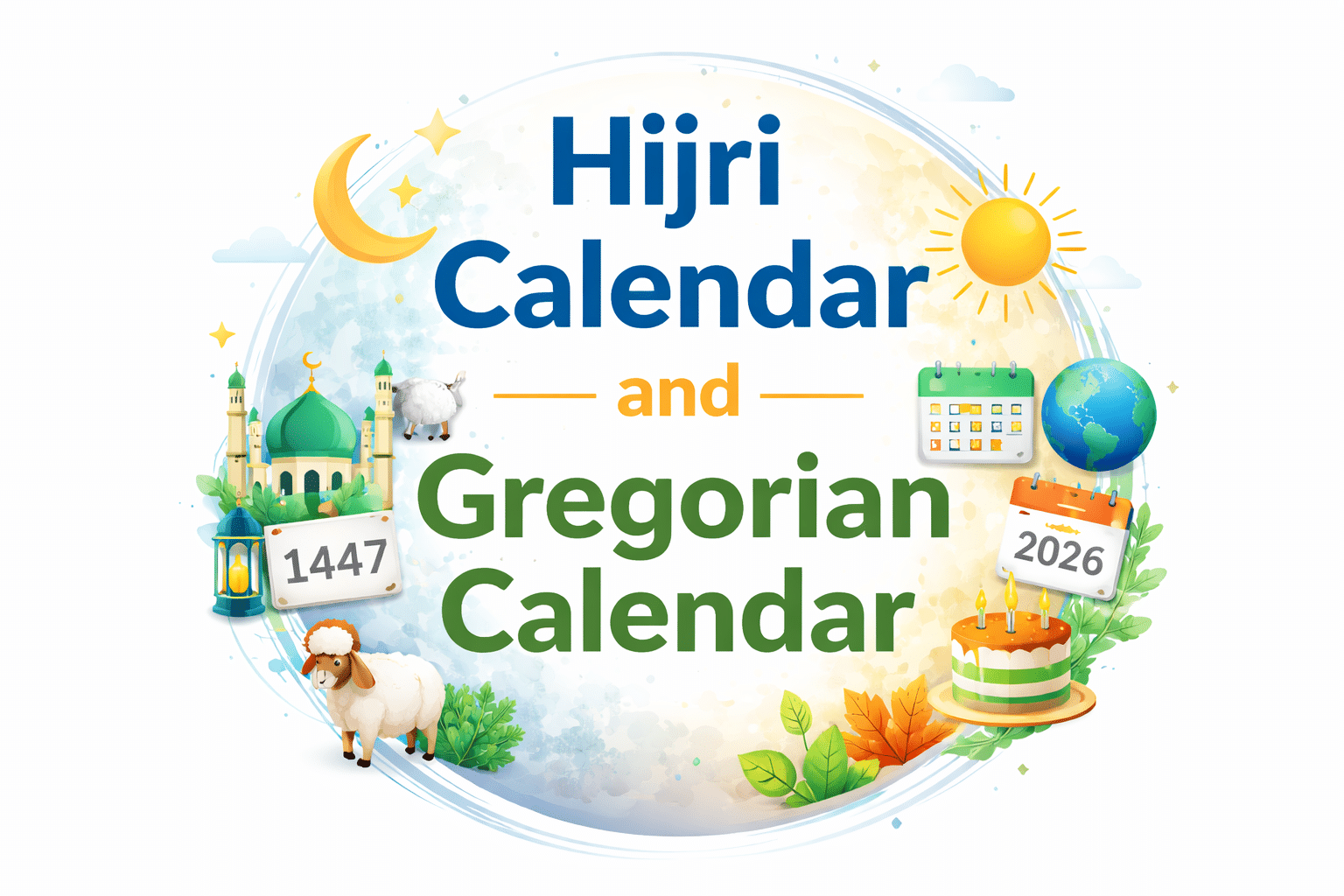 Infographic of Hijri 1447 and Gregorian 2026 calendars in a moon-shaped design with Islamic and global icons