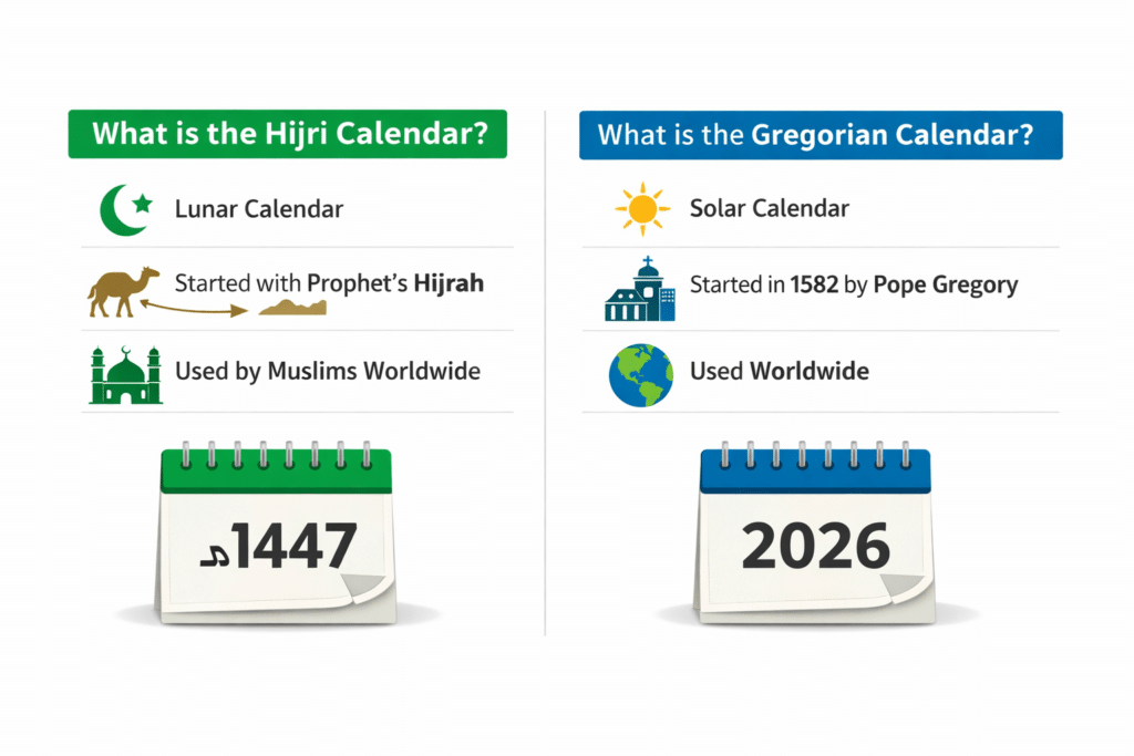 Hijri vs Gregorian calendar infographic showing lunar and solar systems, origin, and global usage in a simple comparison design