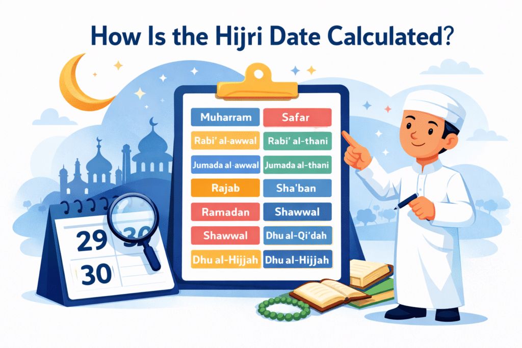 How Hijri date is calculated illustration showing Islamic calendar months, crescent moon sighting and lunar calendar system