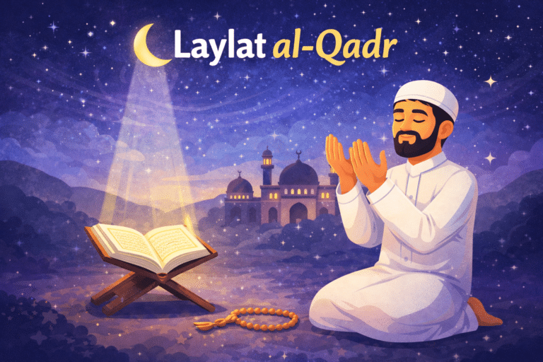 Laylat al-Qadr illustration showing Muslim praying at night with Quran, crescent moon, and stars during last ten nights of Ramadan