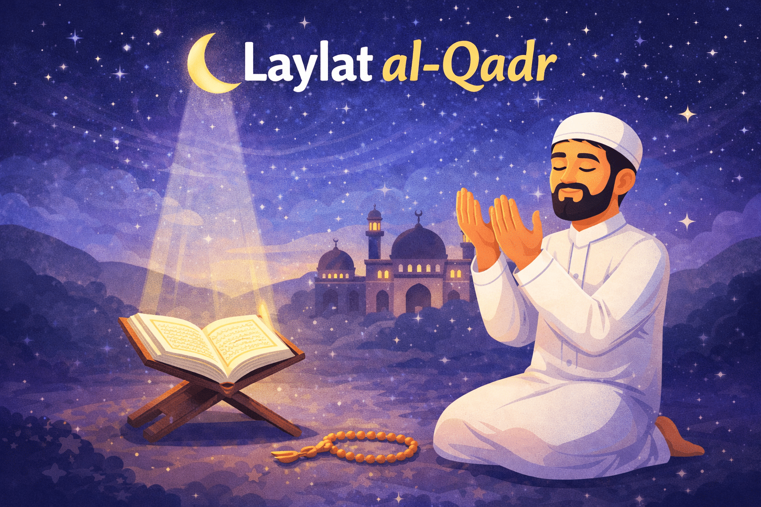 Laylat al-Qadr illustration showing Muslim praying at night with Quran, crescent moon, and stars during last ten nights of Ramadan