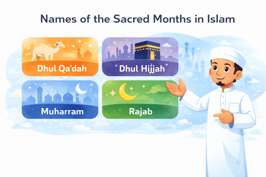 Names of the sacred months in Islam illustration showing Dhul Qadah, Dhul Hijjah, Muharram and Rajab with Islamic calendar concept