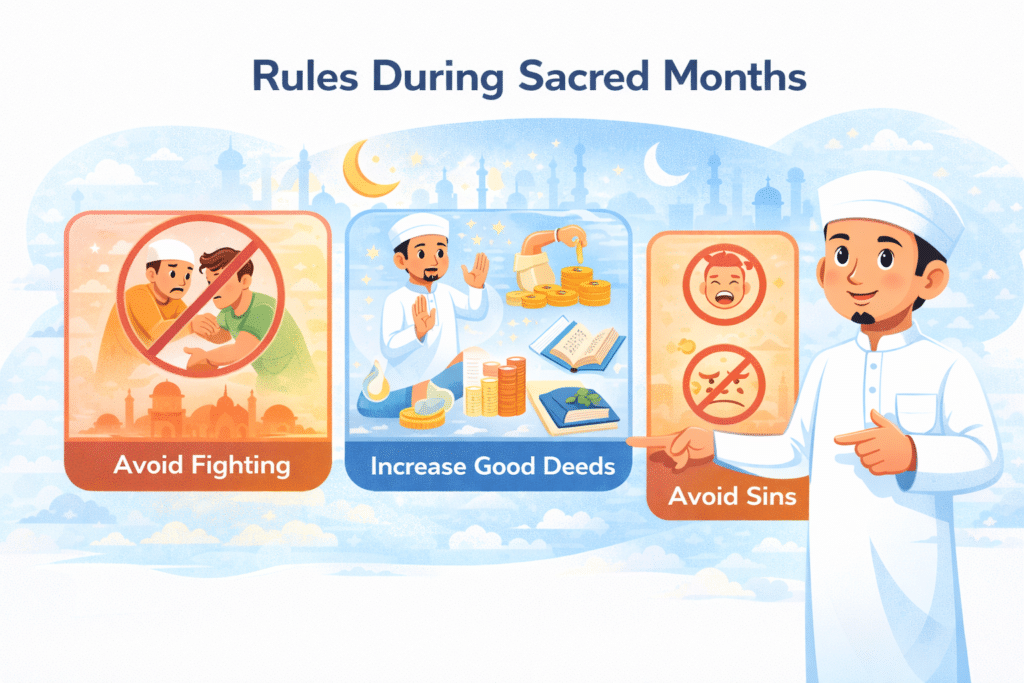 Rules during sacred months in Islam illustration showing avoiding sins, increasing good deeds and Islamic practices