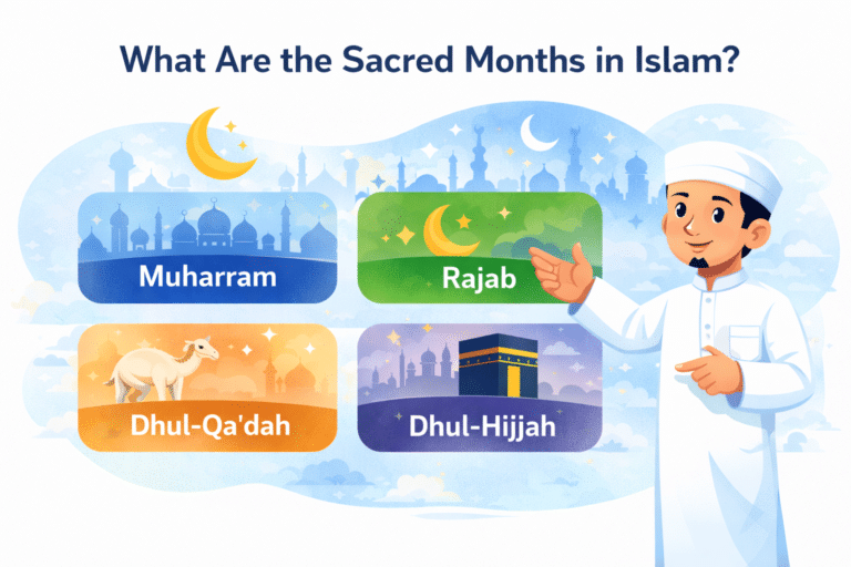 Sacred months in Islam illustration showing Muharram, Rajab, Dhul-Qadah and Dhul-Hijjah with Islamic calendar concept