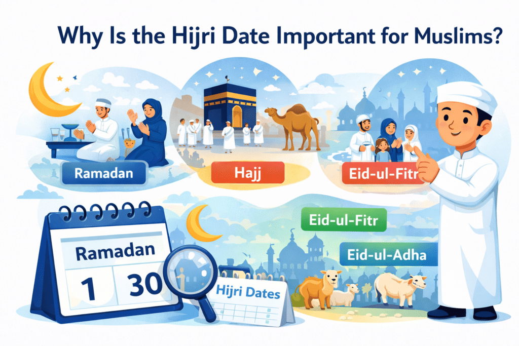 Why Hijri date is important for Muslims illustration showing Ramadan, Hajj, Eid-ul-Fitr and Eid-ul-Adha with Islamic calendar