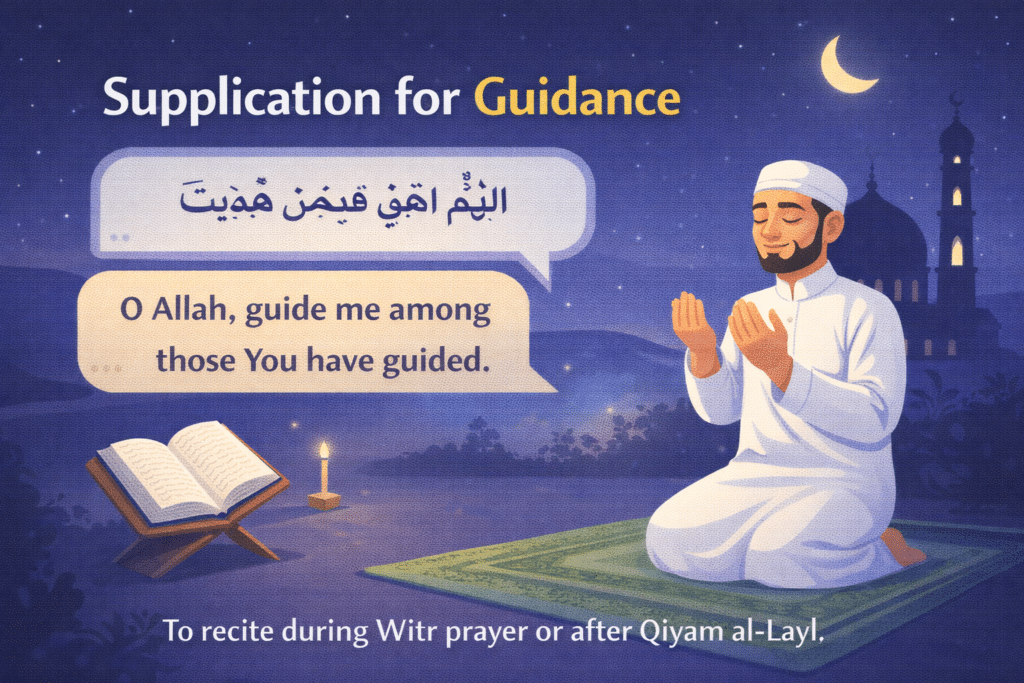 Supplication for guidance dua Qiyam al-Layl illustration showing Muslim praying at night with Quran