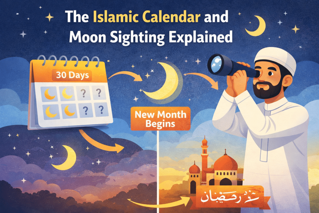 Illustration explaining Islamic calendar and moon sighting with crescent moon, 30-day cycle, and Ramadan start