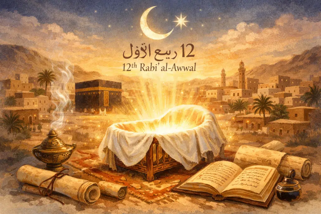 “Birth of Prophet Muhammad ﷺ on 12th Rabi’ al-Awwal, Mecca, historical context, and spiritual significance”