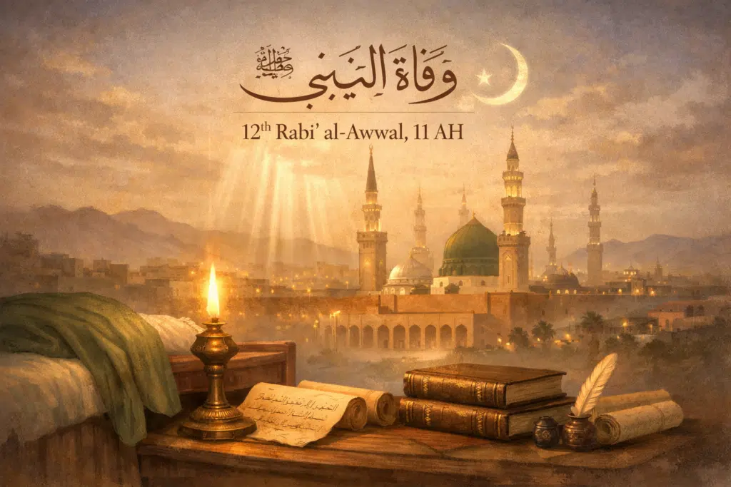 “Death of Prophet Muhammad ﷺ on 12th Rabi’ al-Awwal, 11 AH in Medina, historical background and spiritual significance”
