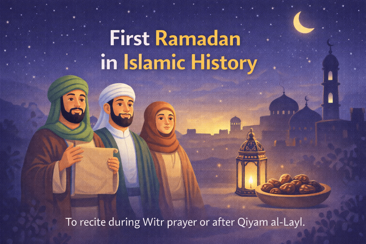 First Ramadan in Islamic history illustration showing early Muslims with lantern and dates at night