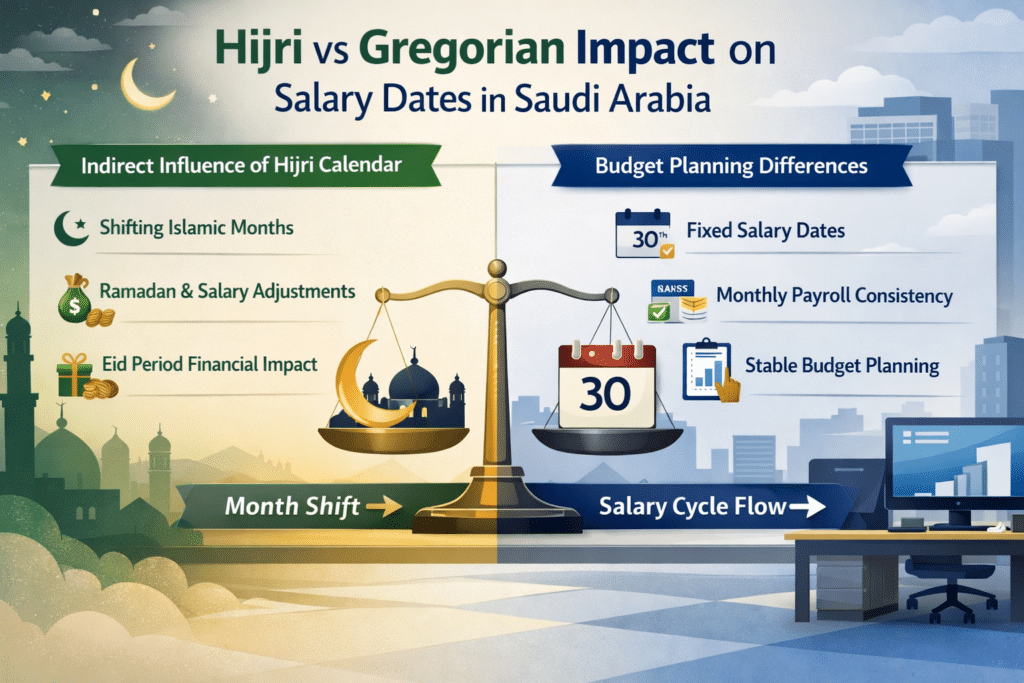 “Infographic comparing Hijri and Gregorian calendars showing their impact on salary dates in Saudi Arabia, including Ramadan adjustments, Eid financial effects, and budget planning differences.”
