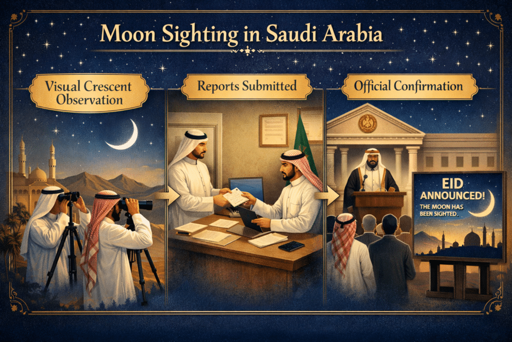 How Saudi Arabia conducts moon sighting with crescent observation, report submission, and official confirmation
