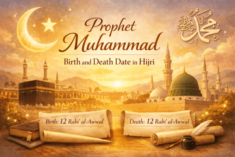 “Prophet Muhammad ﷺ birth and death dates in Hijri calendar, 12 Rabi’ al-Awwal, Islamic history, Mecca and Medina illustration”