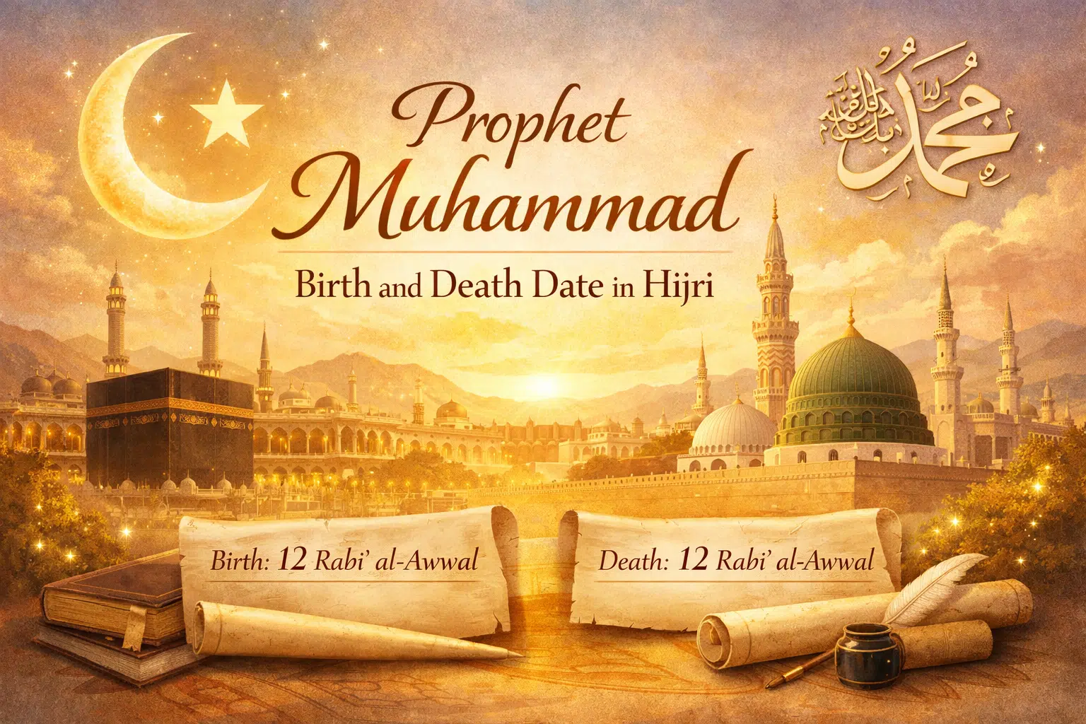 “Prophet Muhammad ﷺ birth and death dates in Hijri calendar, 12 Rabi’ al-Awwal, Islamic history, Mecca and Medina illustration”
