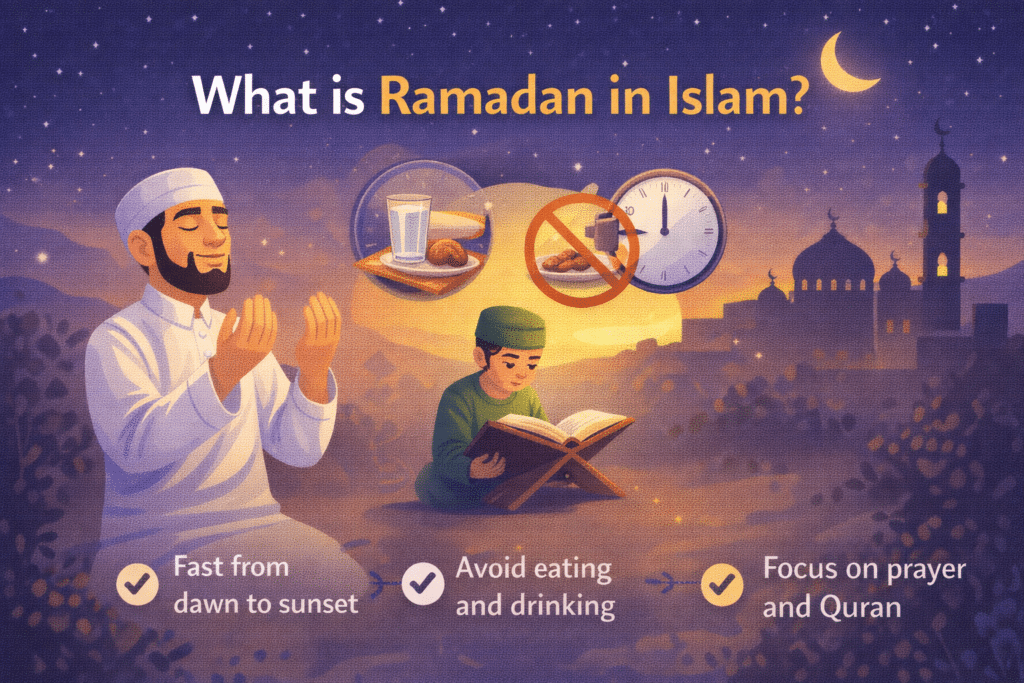 What is Ramadan in Islam illustration showing Muslim fasting praying and spiritual worship