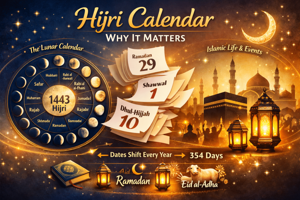 A detailed illustration explaining the Hijri calendar, showing moon phases, Islamic months, and its importance in daily life with Islamic cultural elements.