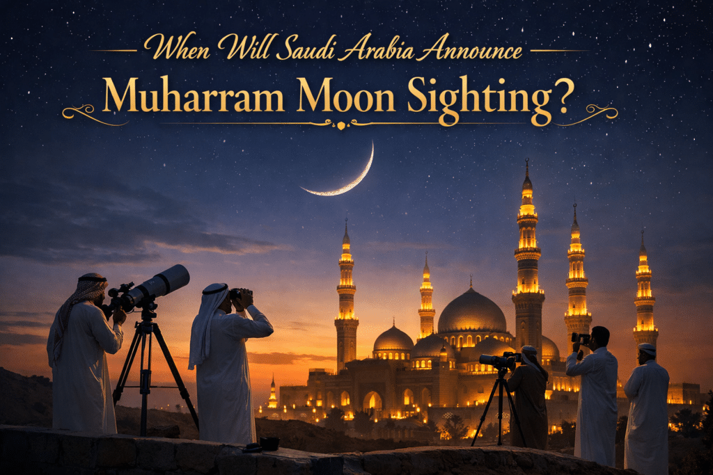 When Will Saudi Arabia Announce Muharram Moon Sighting with crescent moon over mosque in Saudi Arabia